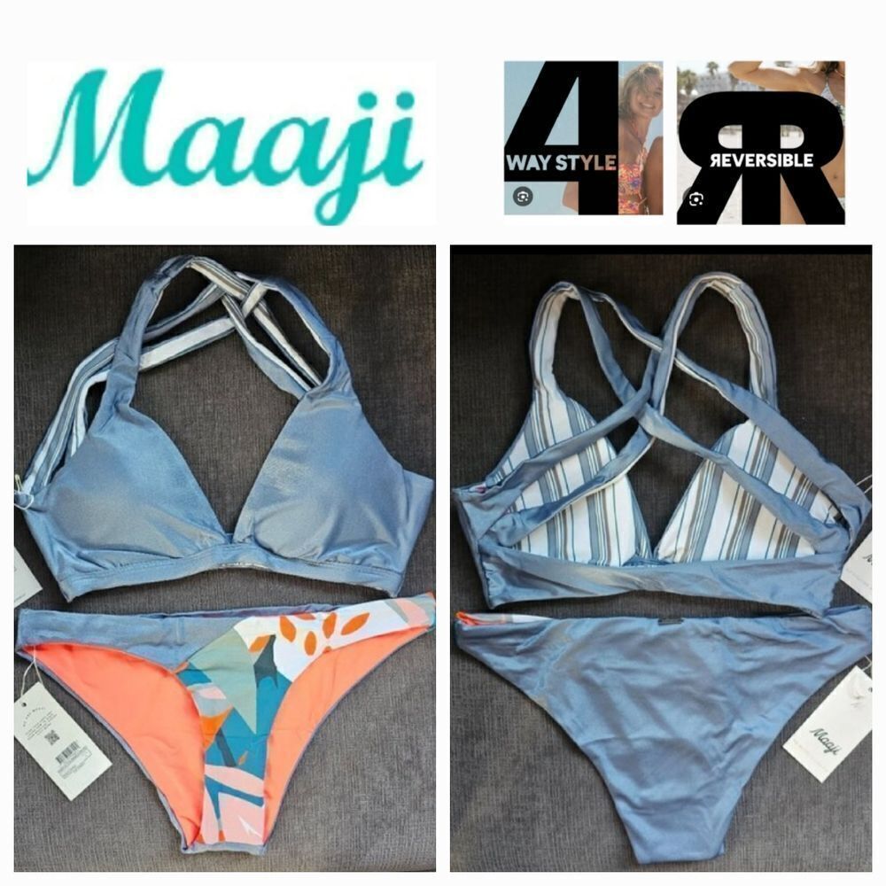 Maaji Women's Blue Reversible 4 way 2 Piece Bikini Top & Bottoms Set Size Large